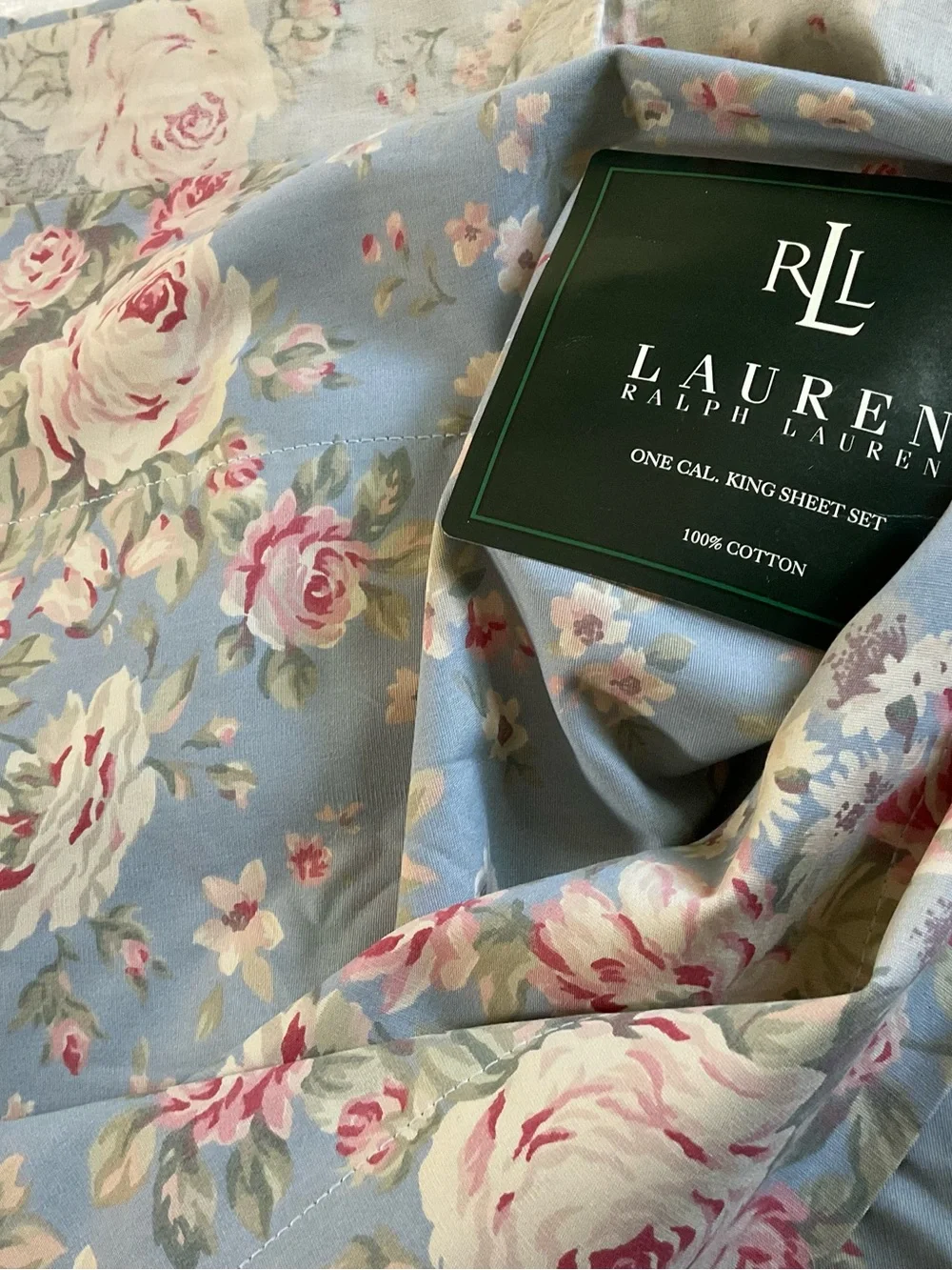 Ralph Lauren Blue Floral King Flat Sheet with Pink Rose Pattern Shelter Island